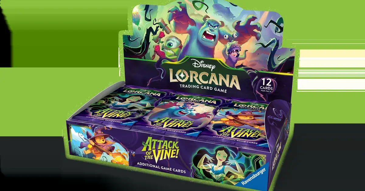 Official Disney Lorcana Attack of the Vine booster display showing Monsters, Inc. and other set artwork