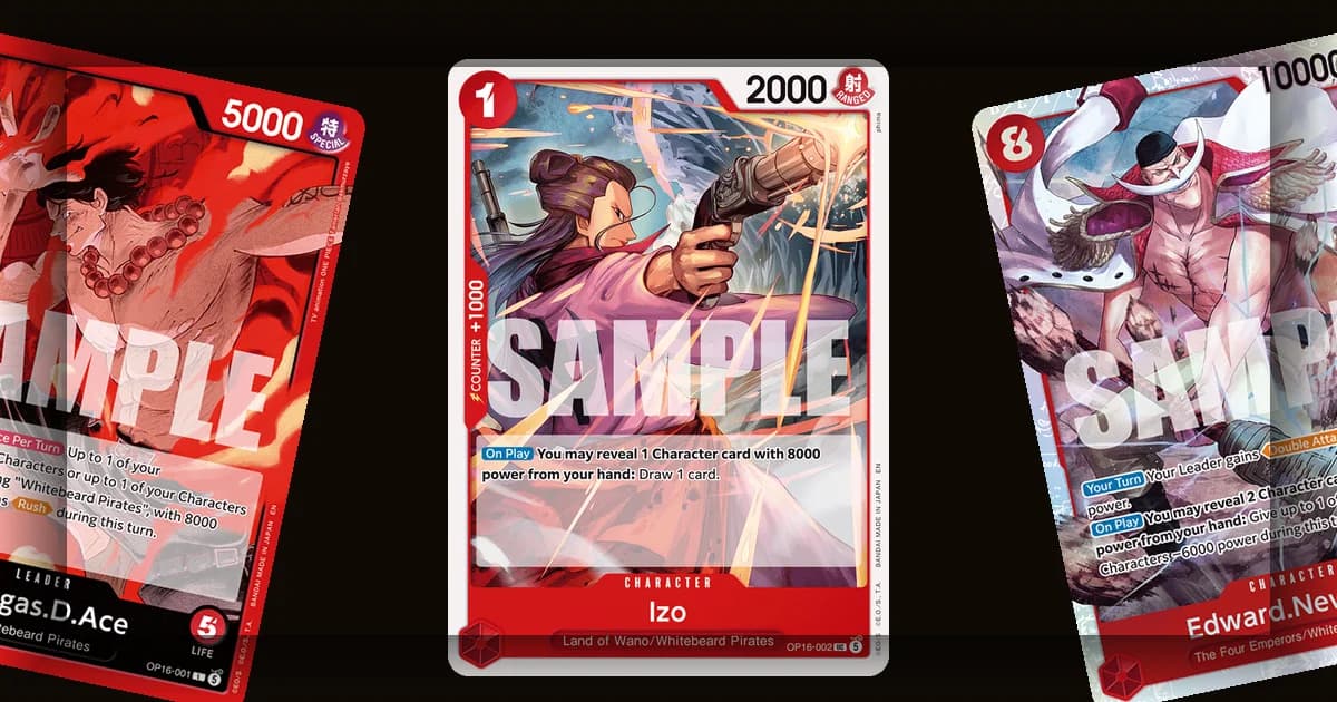 One Piece Card Game OP-16 sample cards featuring Portgas.D.Ace, Izo, and Edward.Newgate
